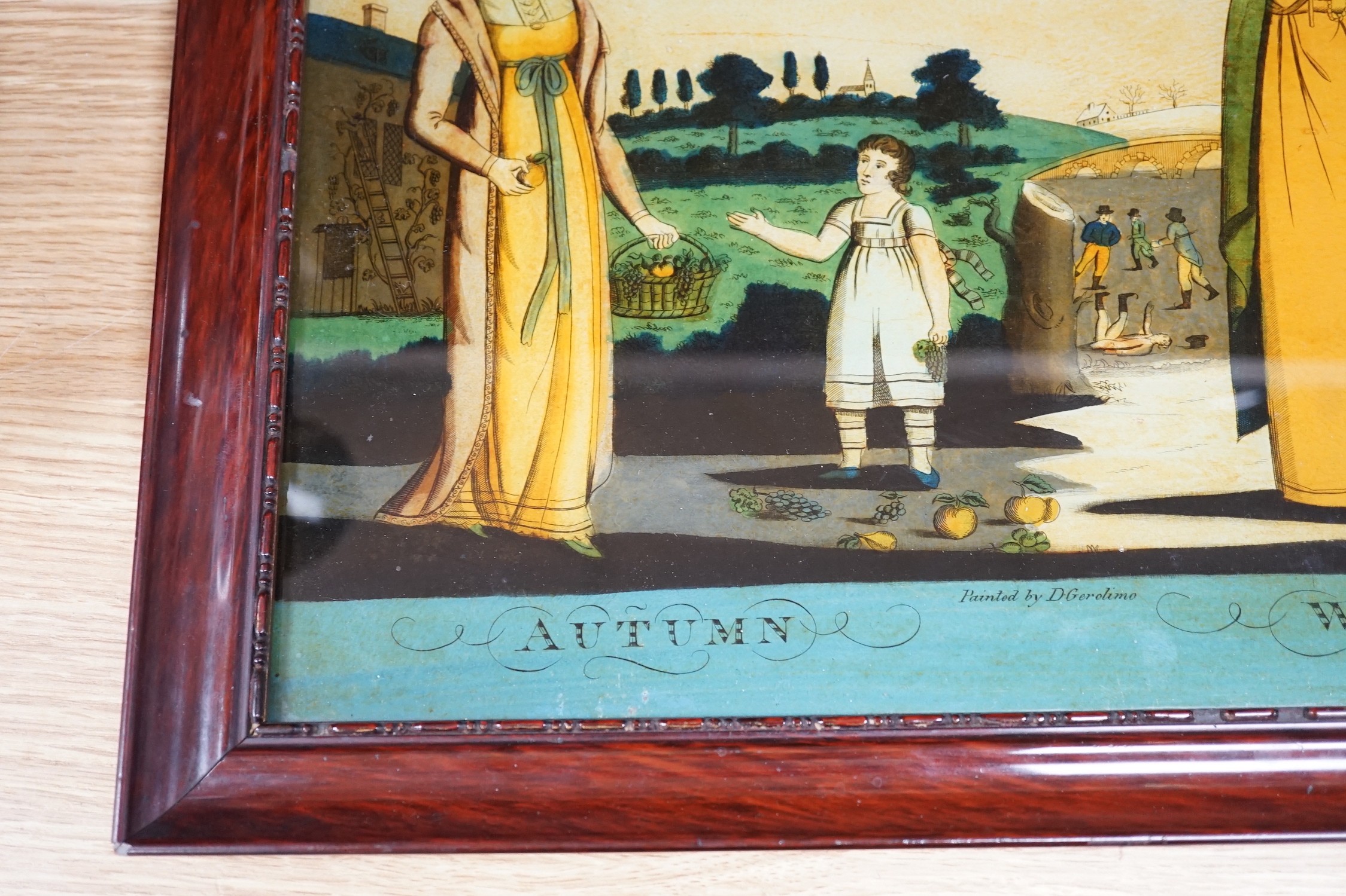 A Georgian style reverse painting on glass, painted by D Gerolimo depicting ‘Autumn and Winter’, 25 x 36cm